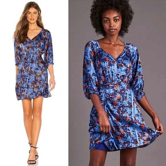TANYA TAYLOR Silk Floral Plaid Burnout Print Puff
Sleeves Ruffled V-Neck Dress 6 - Picture 1 of 6